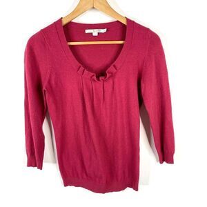 Boden Sweater Size 2 Womens Pink Pleat Ruffle Neck 3/4 Sleeve Cotton Cashmere